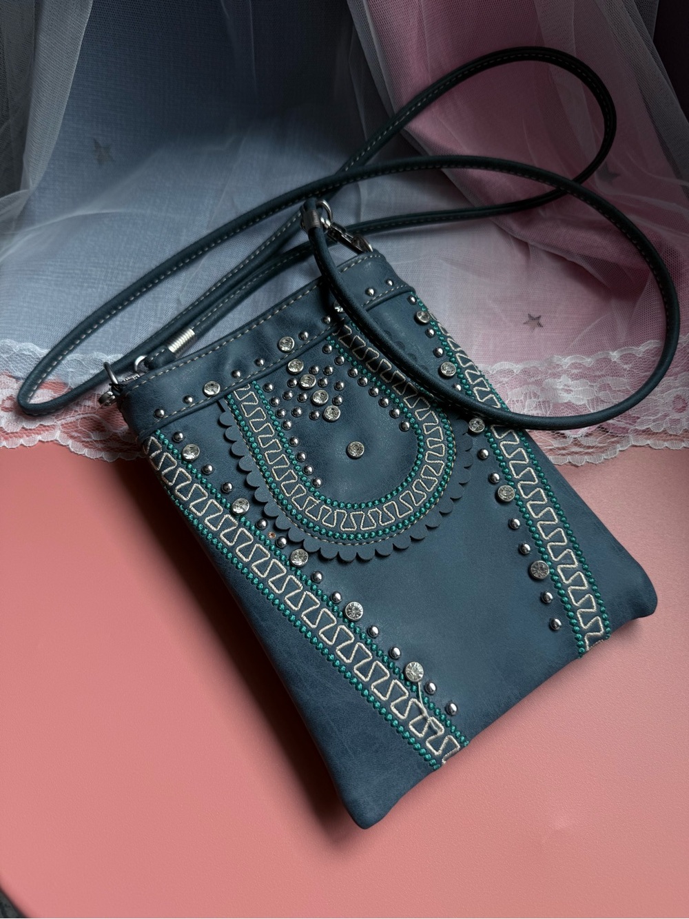 Western Embellished Crossbody Bag with Stud and Sparkling crystal Detail